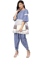 Pure Cotton Printed Kurta With Palazzo In White And Blue