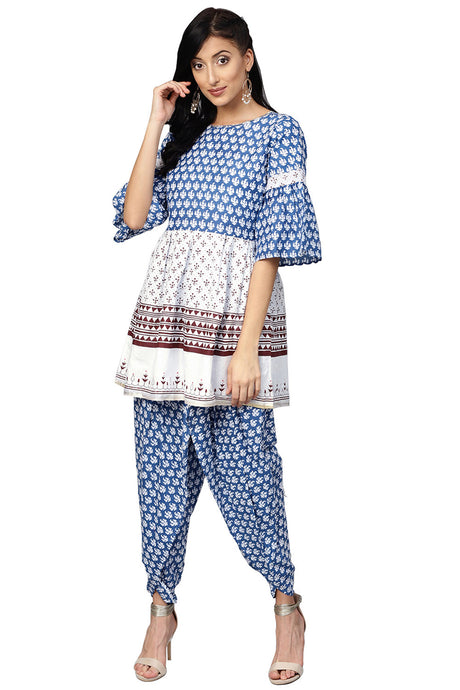 Ahalyaa Pure Cotton Printed Kurta with Plazzo in White and Blue