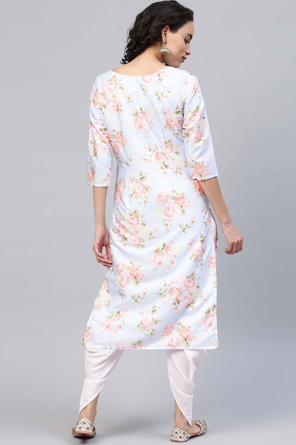 Art Silk Floral Printed Kurta Set in Off White - Back