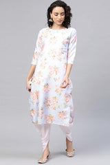 Art Silk Floral Printed Kurta Set in Off White - Left Side