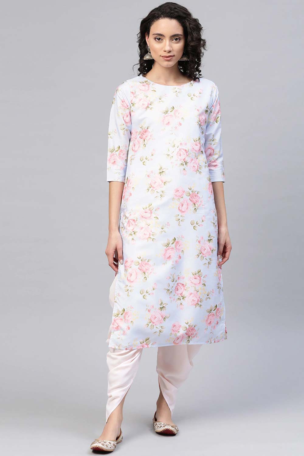 Art Silk Floral Printed Kurta Set in Off White