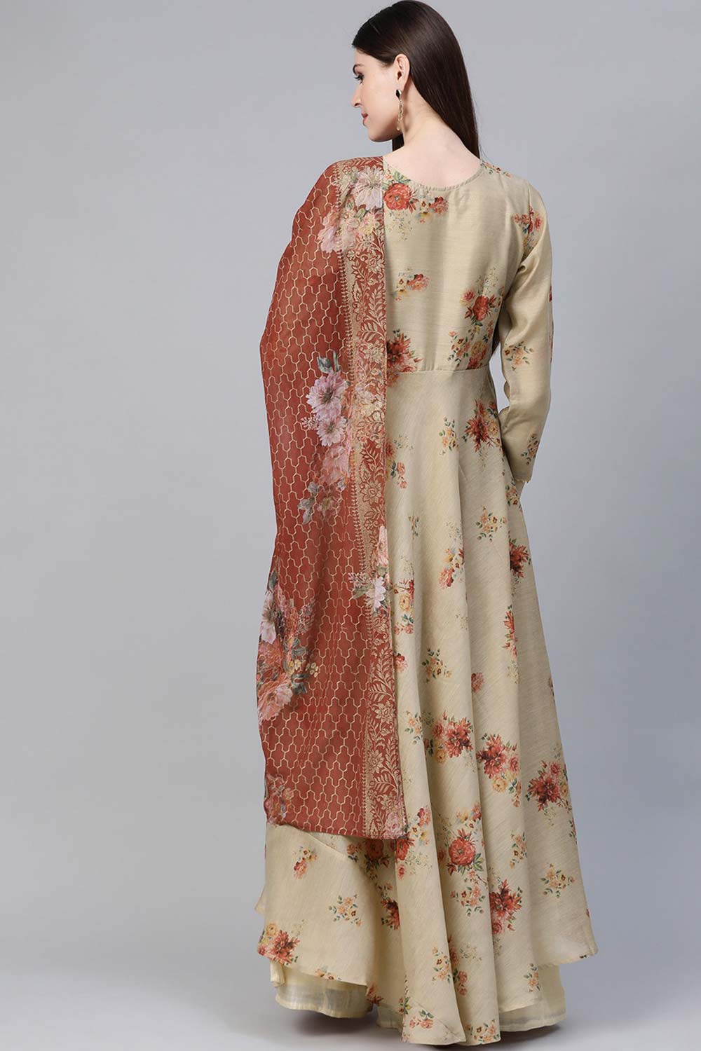 Polyester Beige & Red Floral Printed Anarkali Kurti With Dupatta