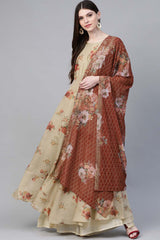 Polyester Beige & Red Floral Printed Anarkali Kurta With Dupatta