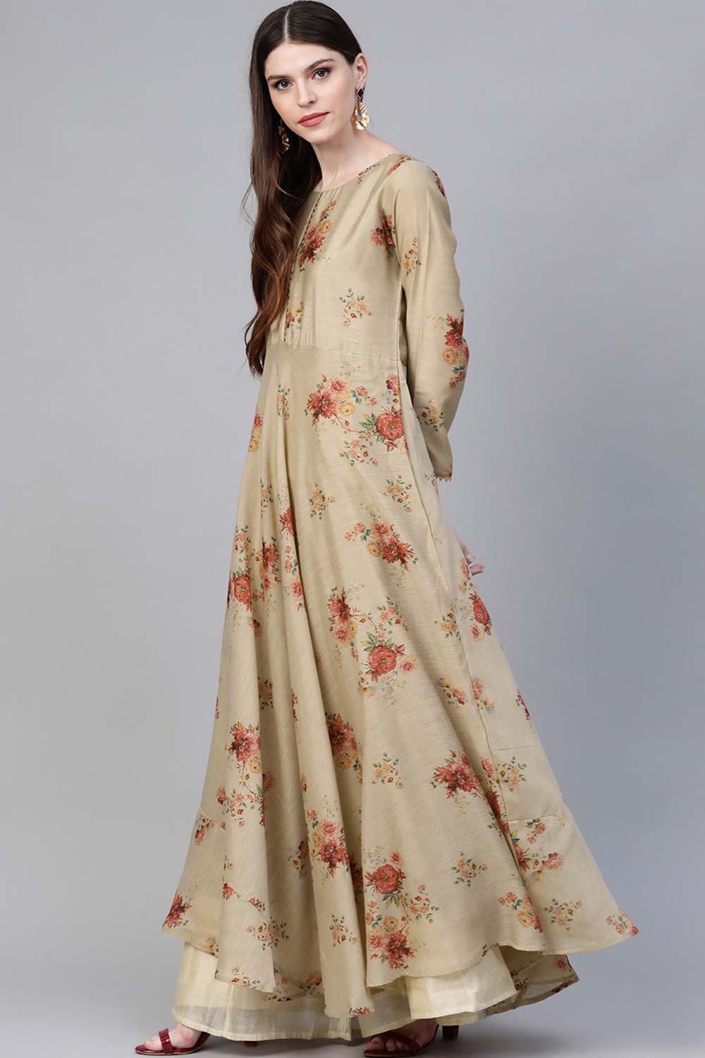 Polyester Beige & Red Floral Printed Anarkali Kurti With Dupatta