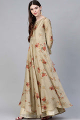 Polyester Beige & Red Floral Printed Anarkali Kurta With Dupatta