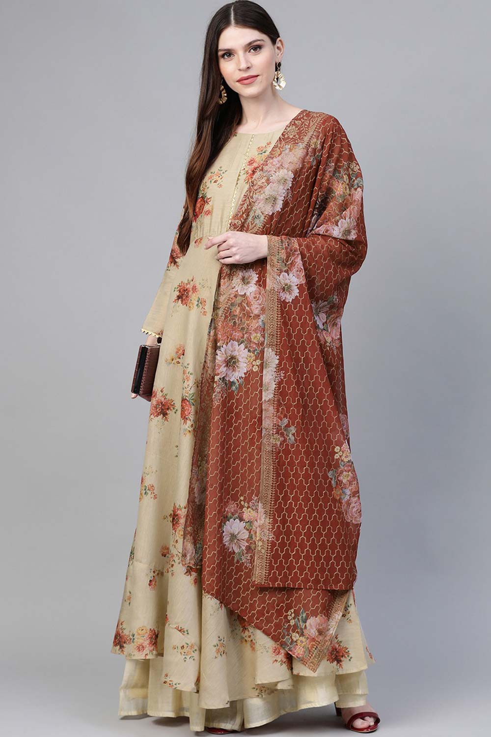 Polyester Beige & Red Floral Printed Anarkali Kurti With Dupatta