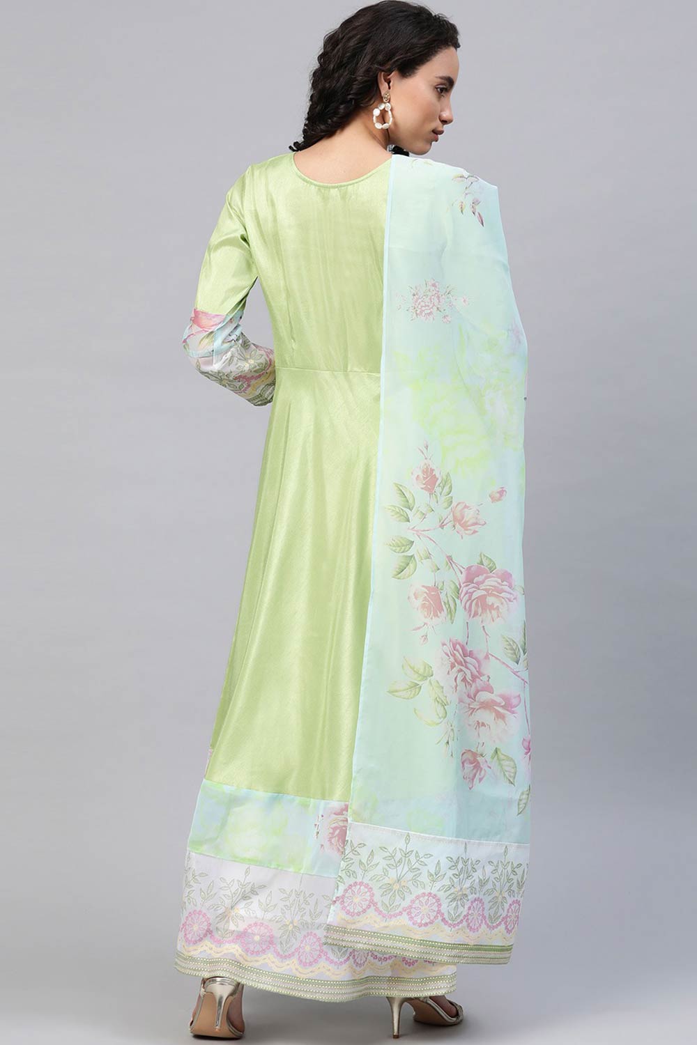 Women Light Green Poly Silk Printed Kurti With Dupatta