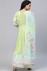 Women Light Green Poly Silk Printed Kurta With Dupatta