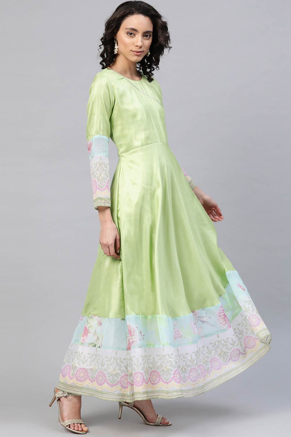 Women Light Green Poly Silk Printed Kurta With Dupatta