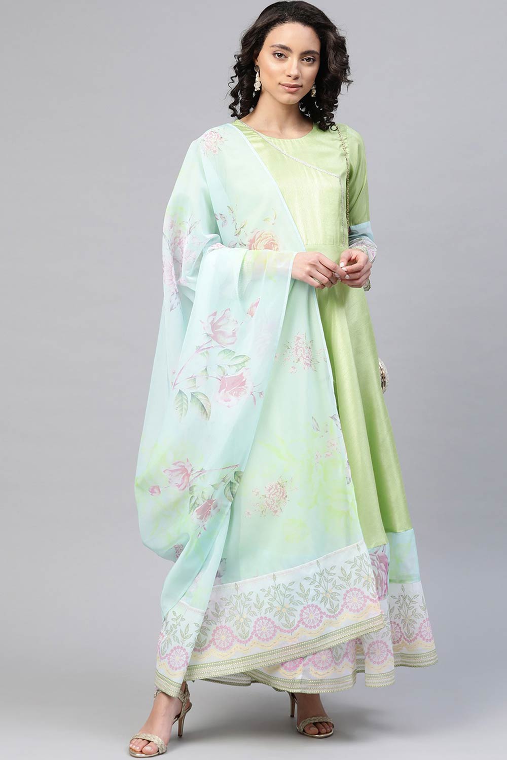 Women Light Green Poly Silk Printed Kurti With Dupatta