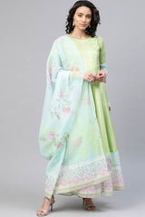 Women Light Green Poly Silk Printed Kurta With Dupatta