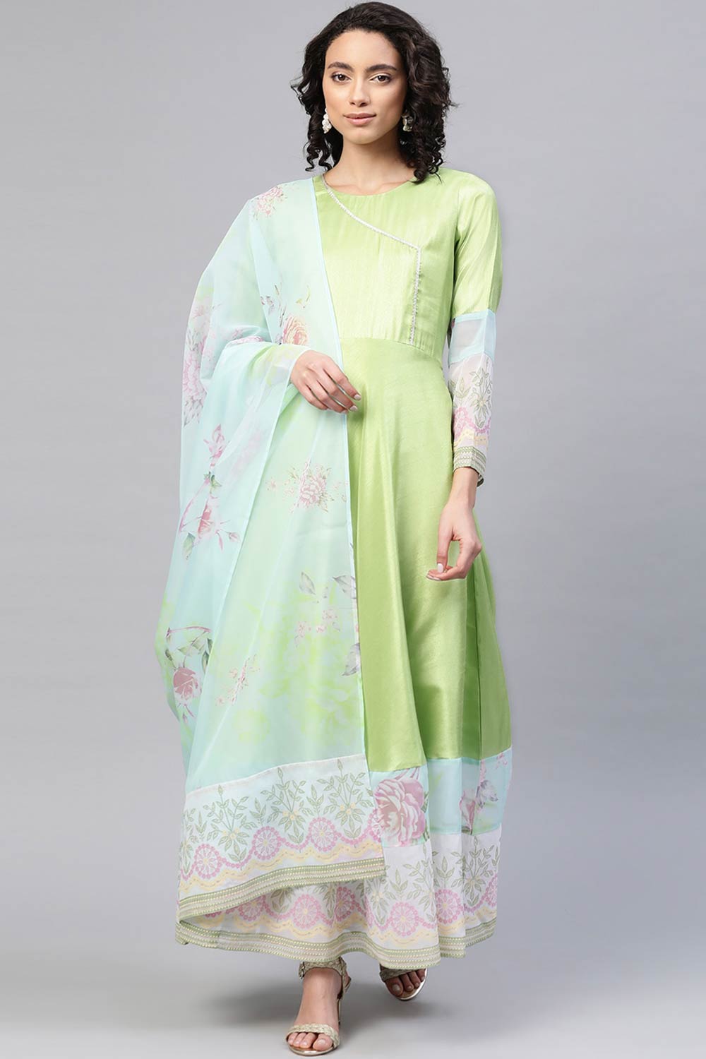 Women Light Green Poly Silk Printed Kurti With Dupatta