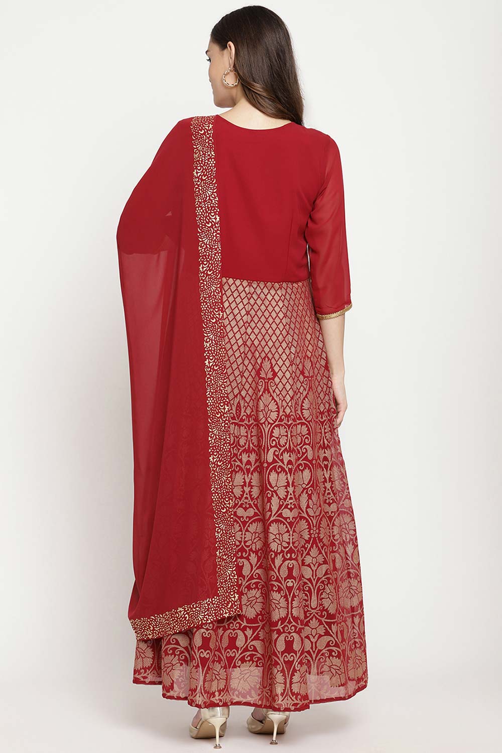 Buy Georgette Foil Printed Kurta Set in Maroon Online - Back