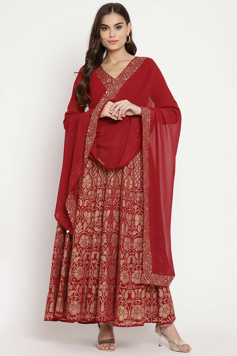 Buy Georgette Foil Printed Kurta Set in Maroon Online