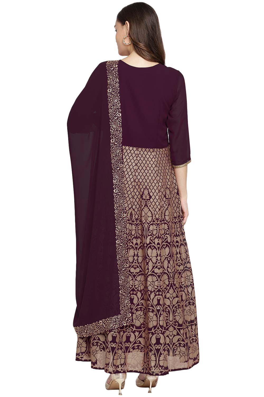 Buy Georgette Foil Printed Kurta Set in Wine Online - Back