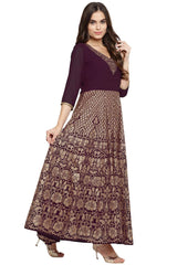 Buy Georgette Foil Printed Kurta Set in Wine Online - Front