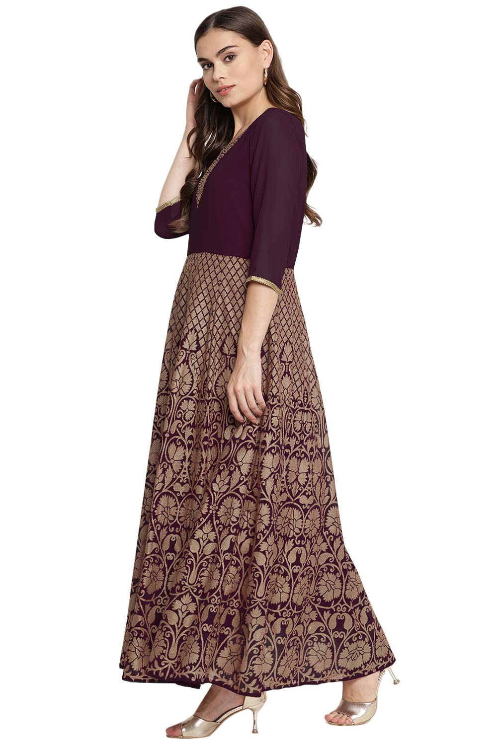 Buy Georgette Foil Printed Kurta Set in Wine Online - Side