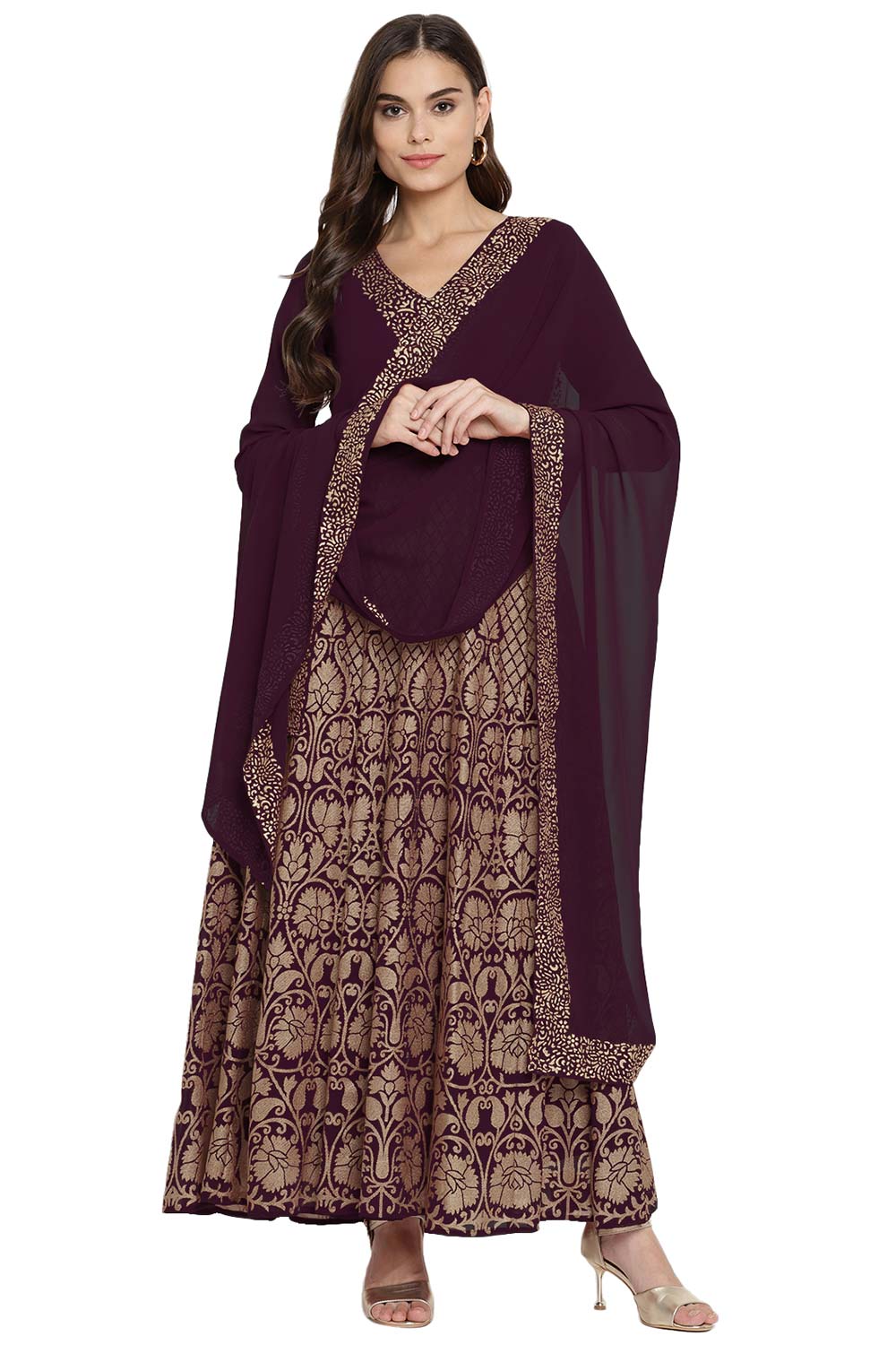 Buy Georgette Foil Printed Kurta Set in Wine Online