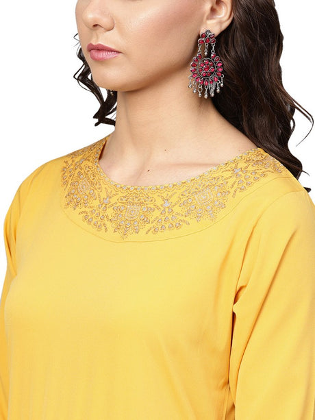 Polyester Straight Kurta Set in Mustard - Zoom In