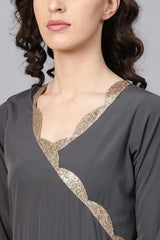 Buy Crepe Solid Kurta Set in Dark Grey Online - Back