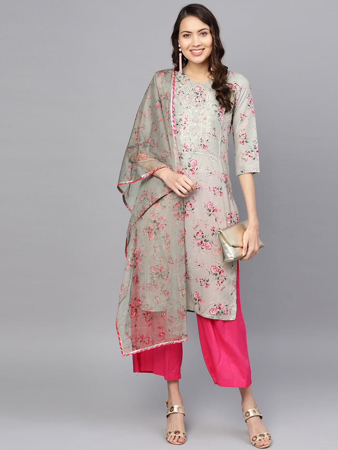 Muslin Kurta With Dupatta In Grey