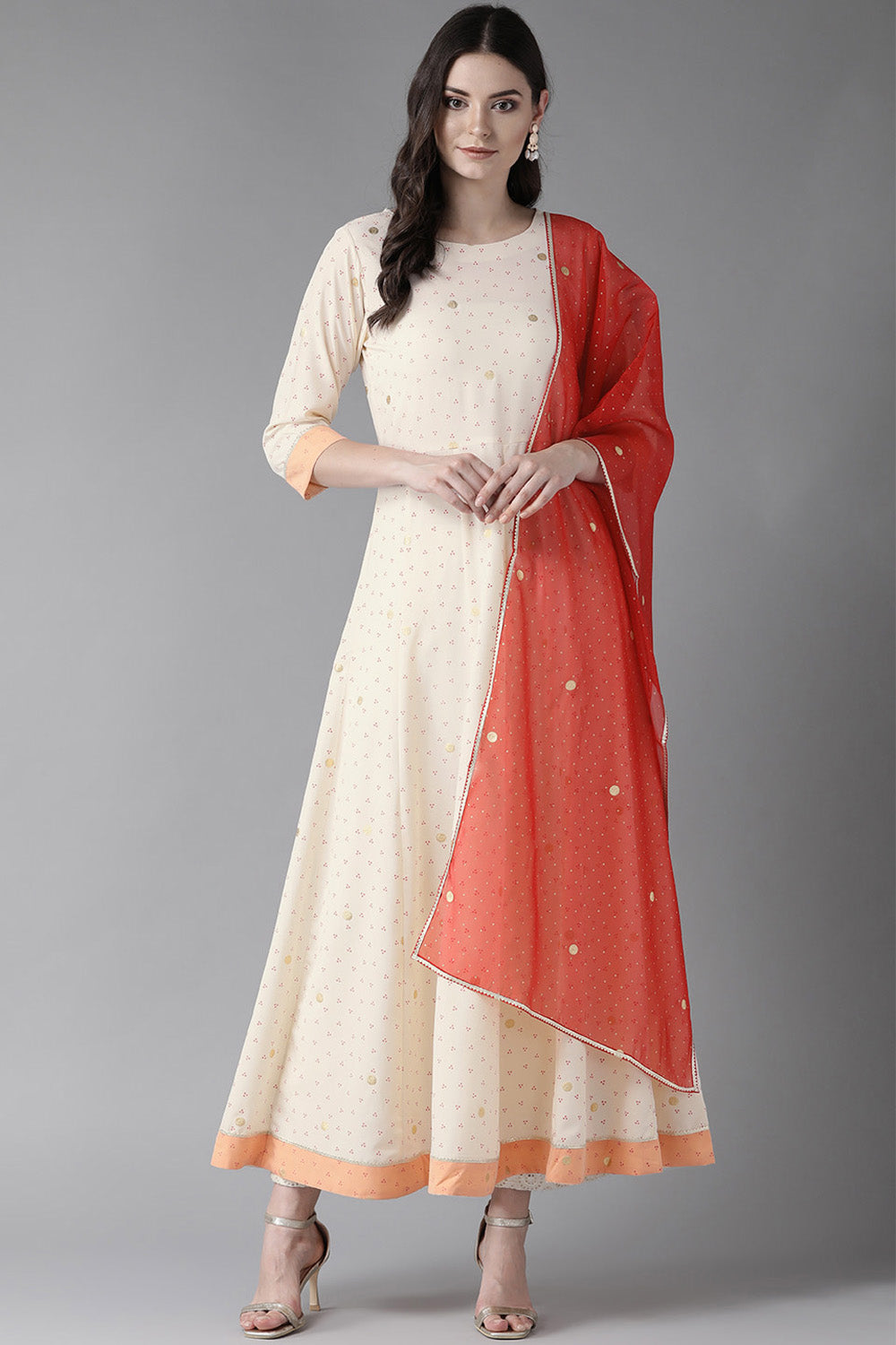 Crepe Foil Print Kurta Set In Cream