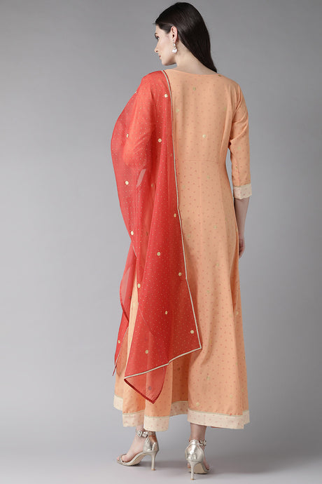 Shop Woman's  Crepe Foil Print Kurta Set in Peach At KarmaPlace