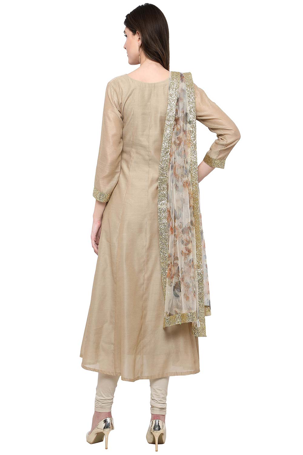 Buy Chanderi Solid Kurta set in Beige Online - Front