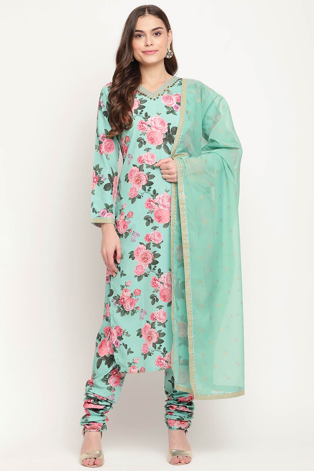 Women Green Floral Printed Regular Kurta Churidar Set With Dupatta