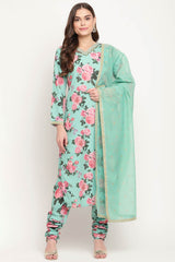 Women Green Floral Printed Regular Kurta Churidar Set With Dupatta