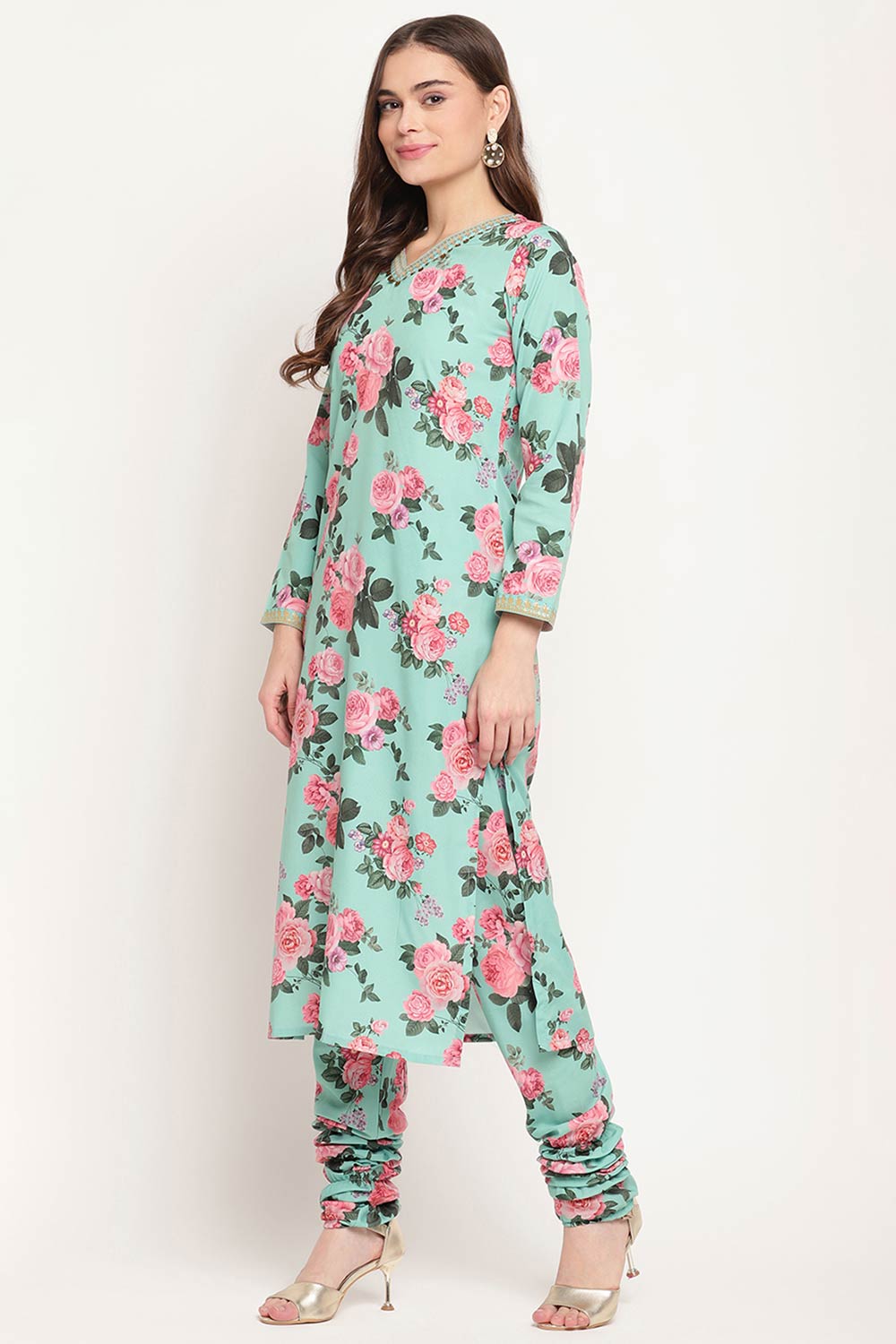 Women Green Floral Printed Regular Kurta Churidar Set With Dupatta