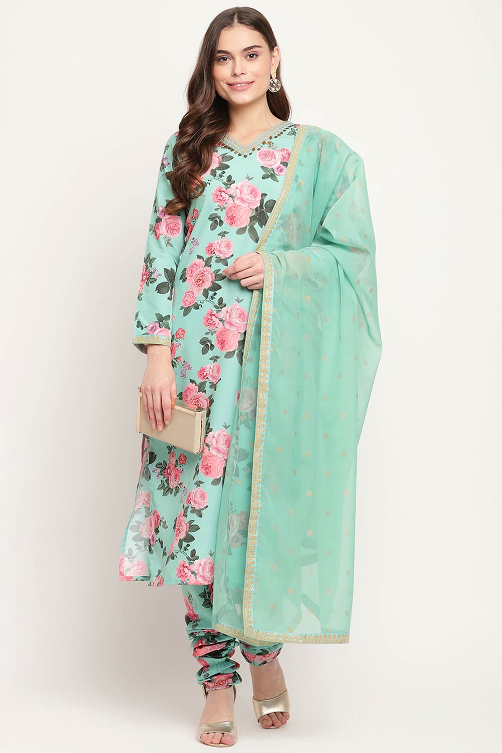 Women Green Floral Printed Regular Kurta Churidar Set With Dupatta