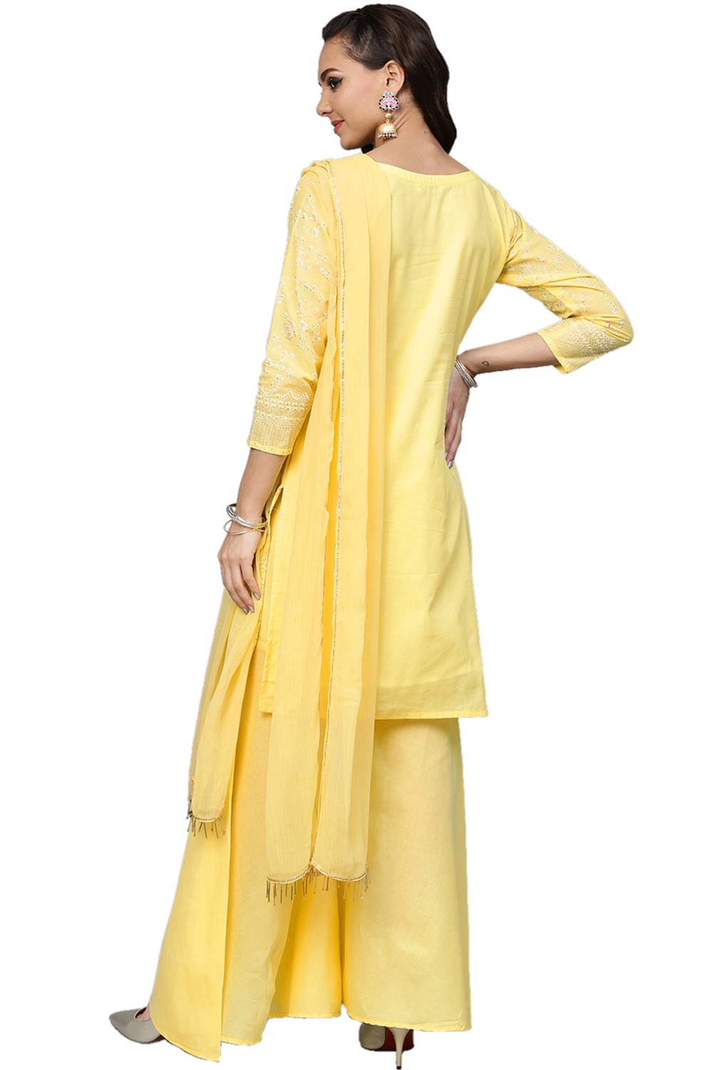 Buy Blend Cotton Printed Suit Set in Yellow - Front