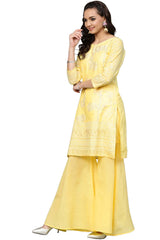 Buy Blend Cotton Printed Suit Set in Yellow - Back