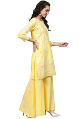 Buy Blend Cotton Printed Suit Set in Yellow - Side