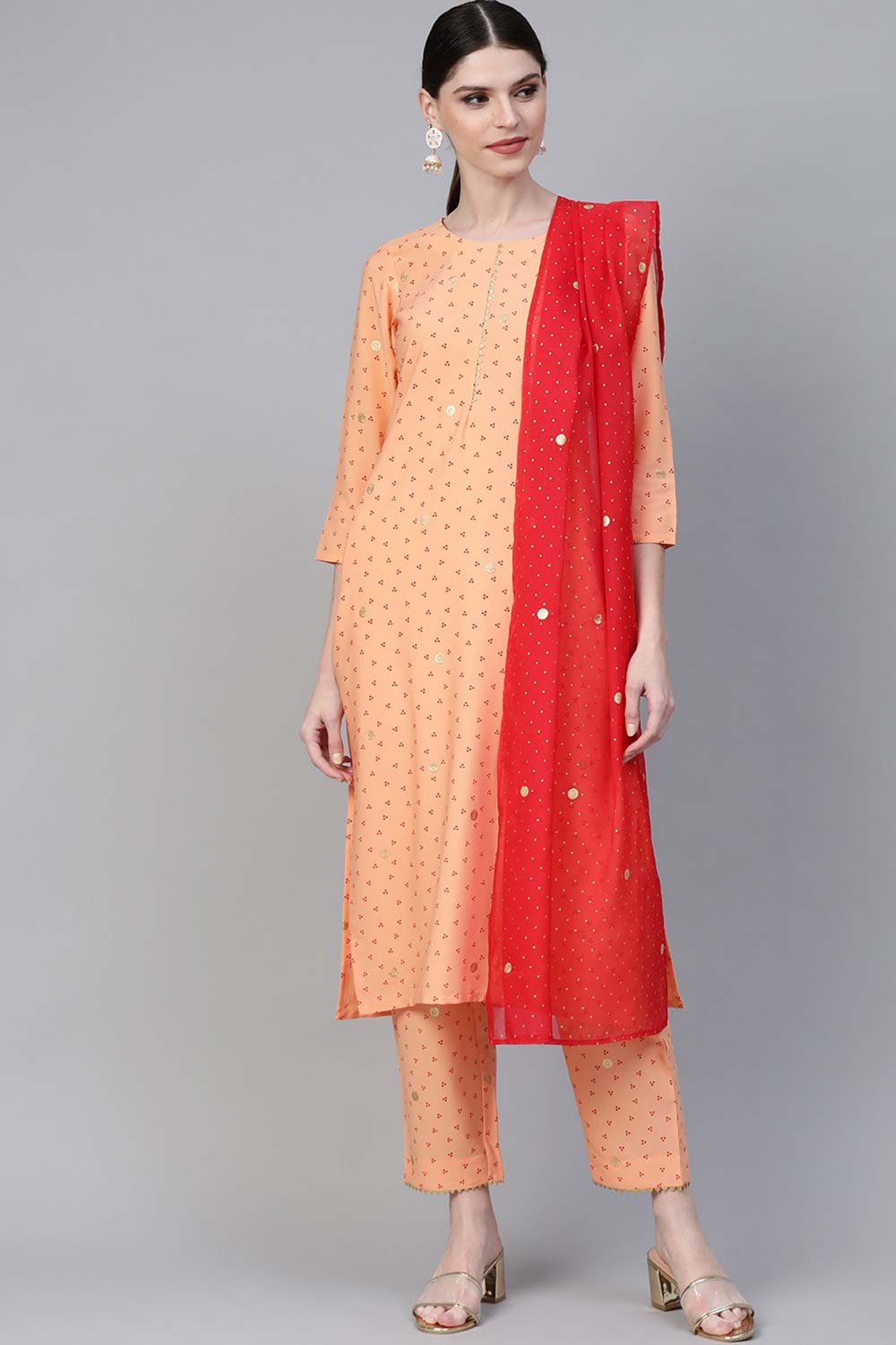 Peach Crepe Bandhej Print Kurta Pant With Dupatta