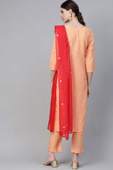 Peach Crepe Bandhej Print Kurta Pant With Dupatta