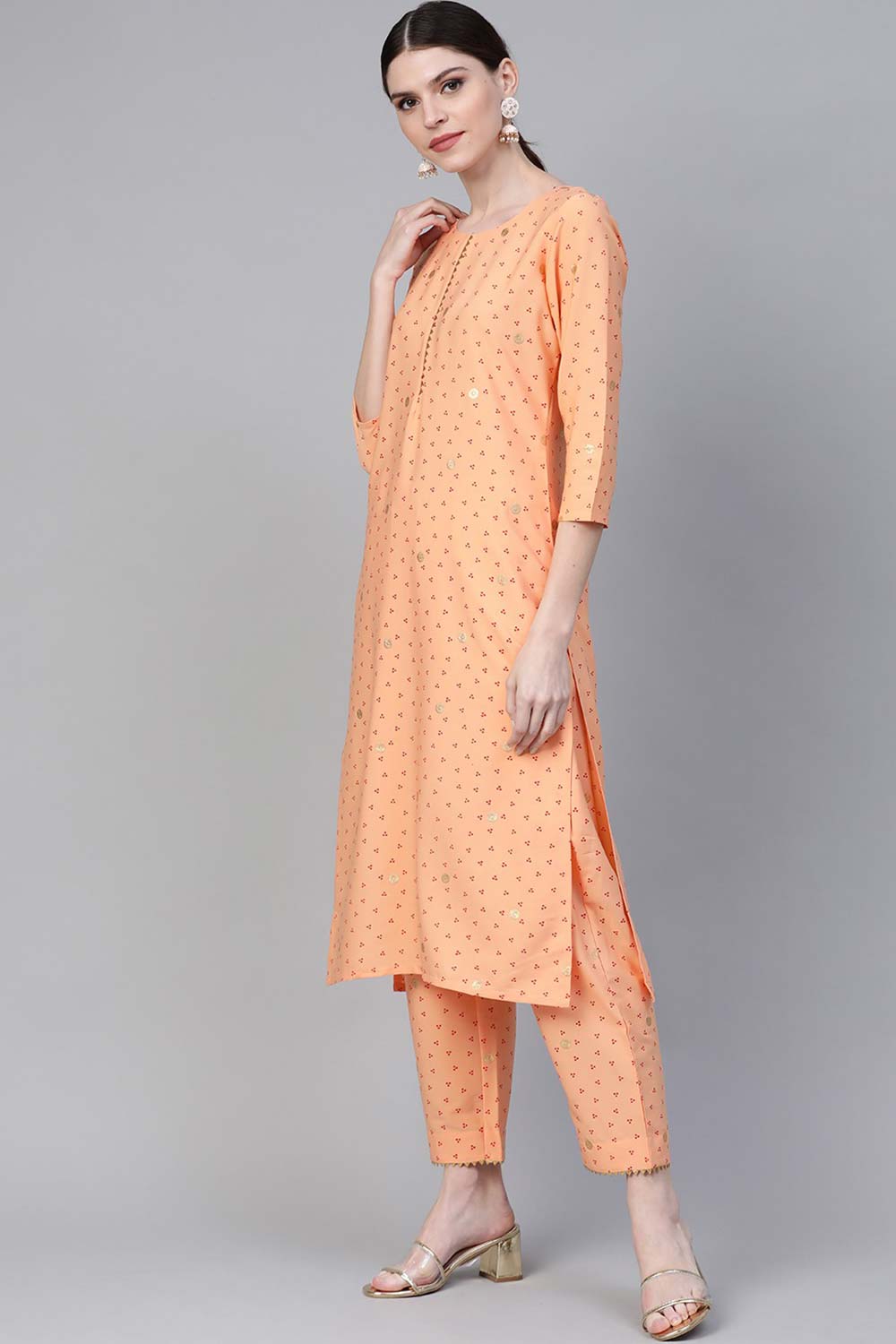 Peach Crepe Bandhej Print Kurta Pant With Dupatta