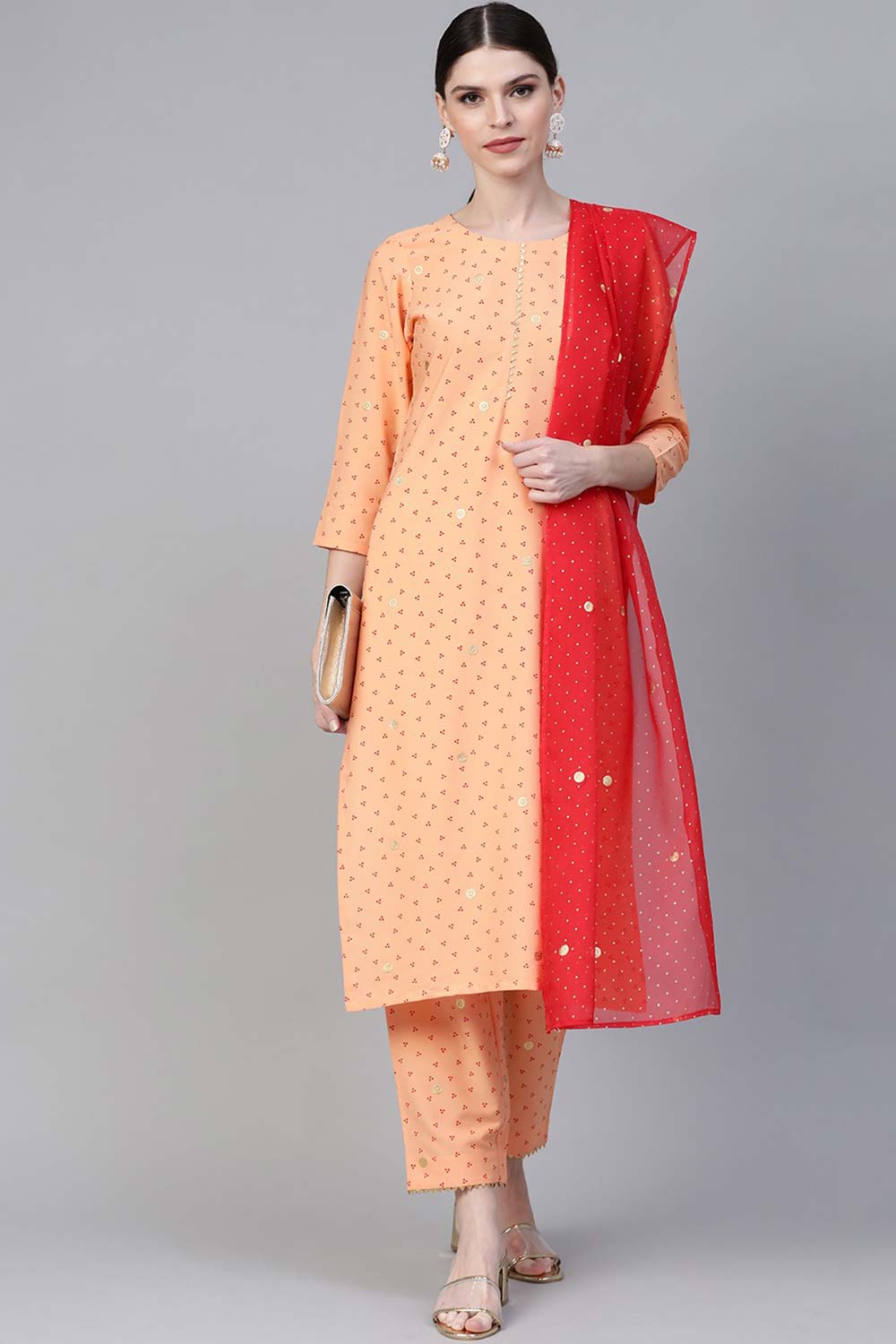 Peach Crepe Bandhej Print Kurta Pant With Dupatta