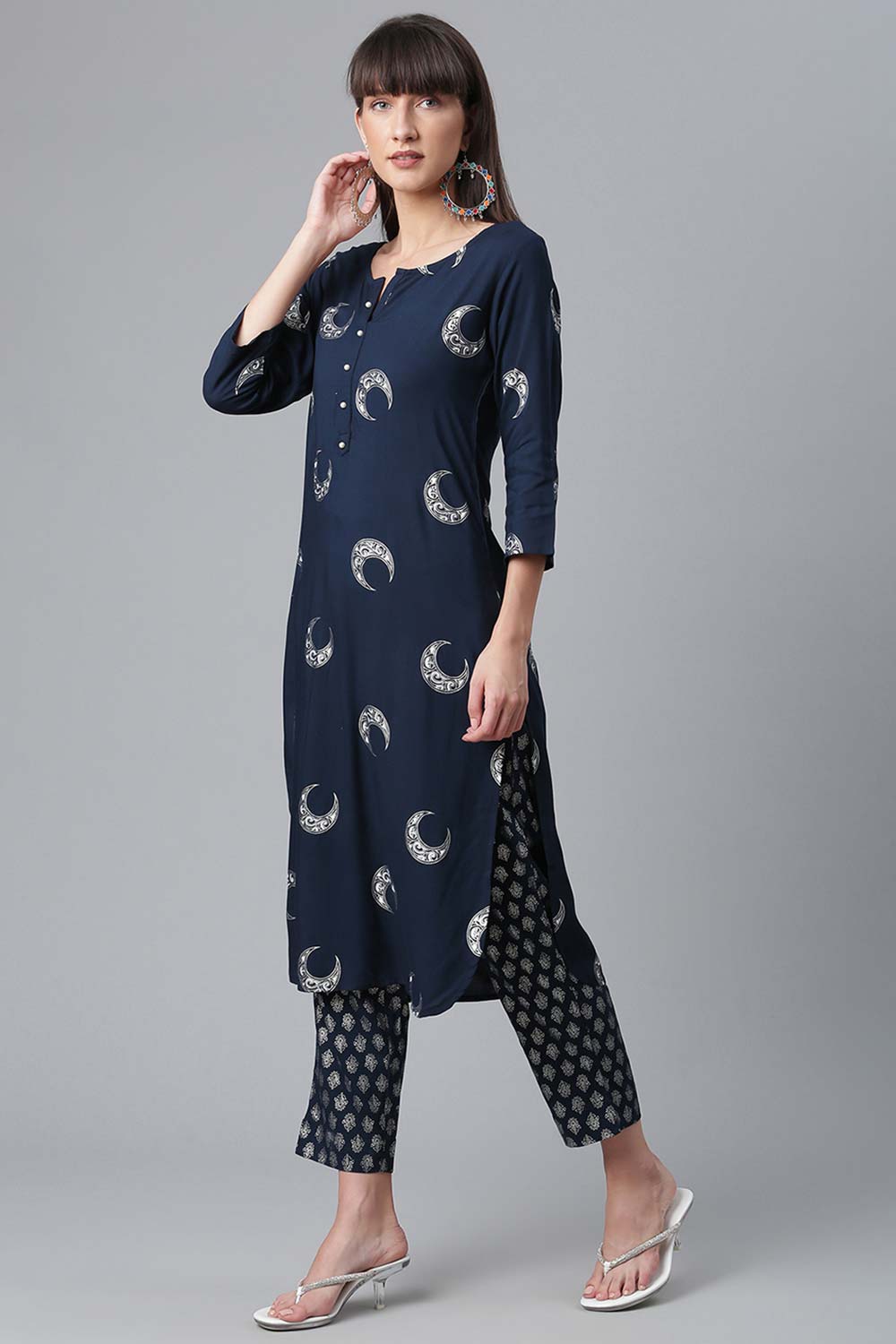 Buy Rayon Foil Print Kurta Set in Navy - Back