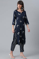 Buy Rayon Foil Print Kurta Set in Navy - Side