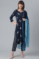 Buy Rayon Foil Print Kurta Set in Navy - Zoom in