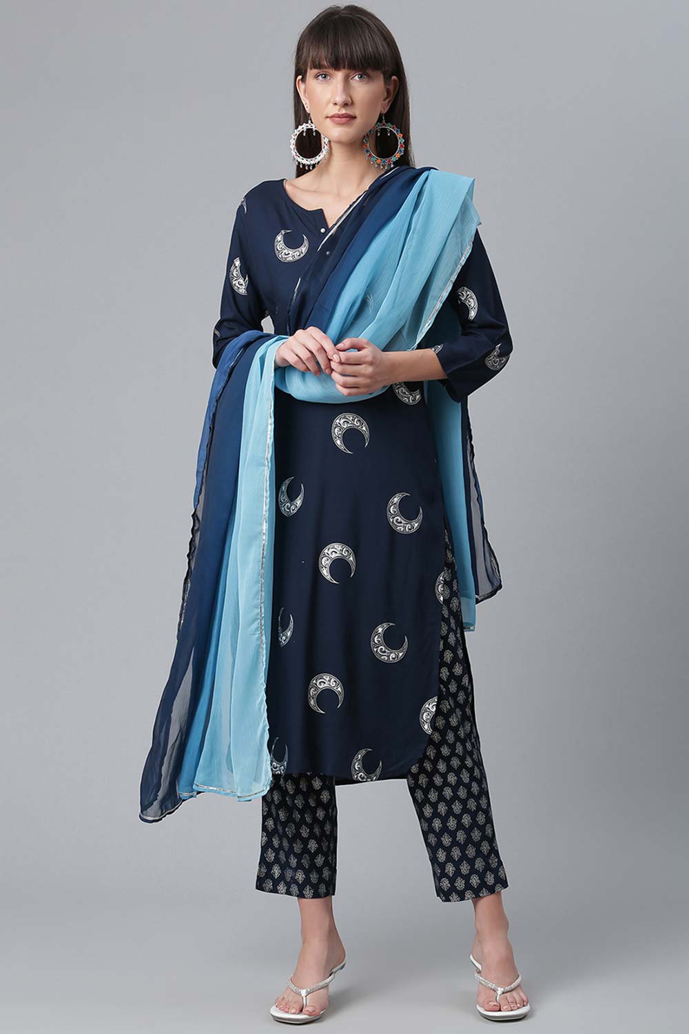 Buy Rayon Foil Print Kurta Set in Navy