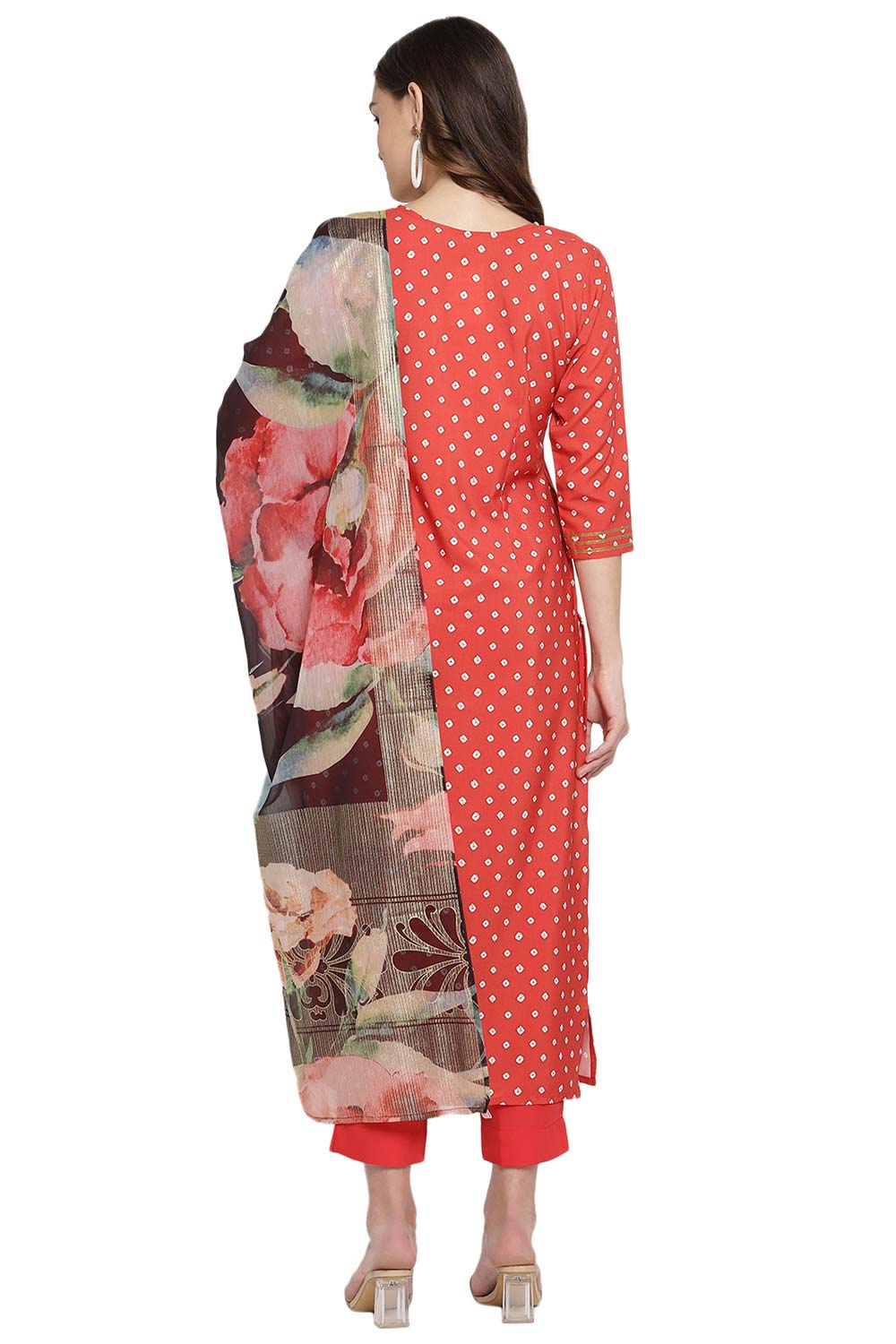 Buy Crepe Foil Print Suit Set in Red - Front