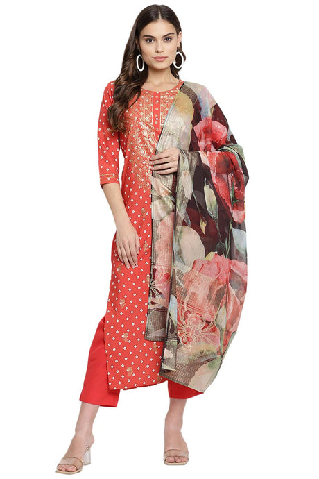 Buy Crepe Foil Print Suit Set in Red