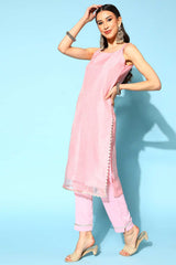 Buy Pastel Pink Colour Organza Glitter Printed Kurta Pant Set With Dupatta Online