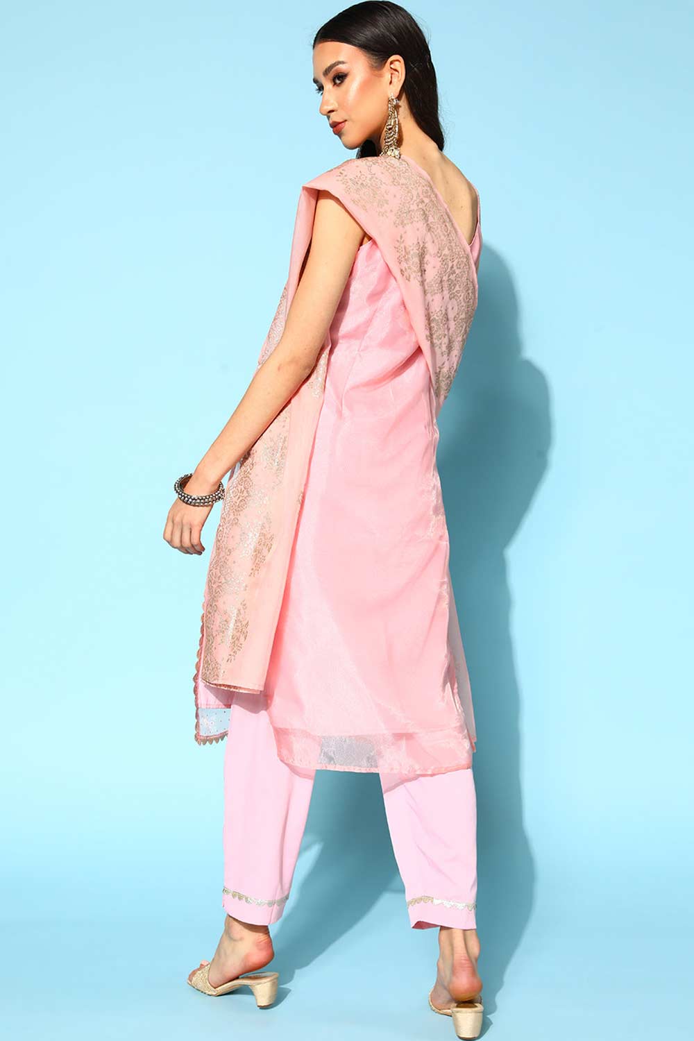 Buy Pastel Pink Colour Organza Glitter Printed Kurta Pant Set With Dupatta Online