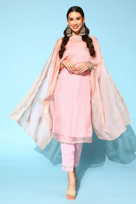 Buy Pastel Pink Colour Organza Glitter Printed Kurta Pant Set With Dupatta Online