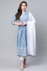 Pastel Blue Pure Cotton Printed Kurta Pant Set With Dupatta