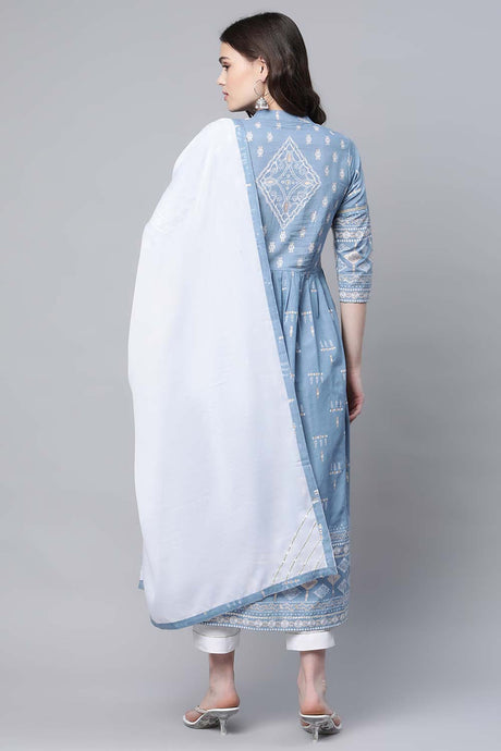 Pastel Blue Pure Cotton Printed Kurta Pant Set With Dupatta